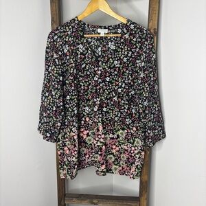J. Jill Black and Pink Floral Blouse Size M